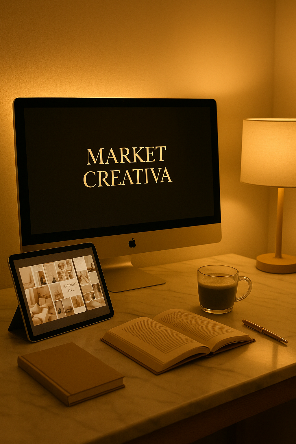 Espacio de trabajo cálido y minimalista con pantalla mostrando el logo de Market Creativa, representando enfoque, motivación y estrategia neuropsicológica para vender con propósito.