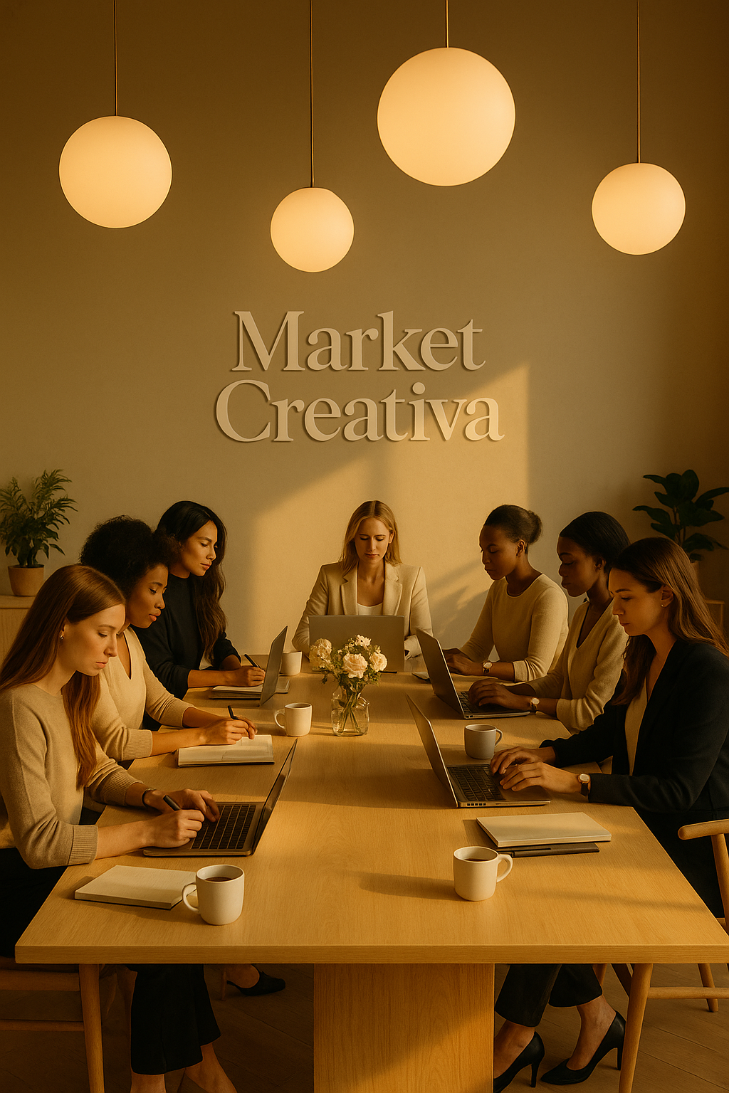 Mujeres creativas trabajando juntas en un espacio cálido y minimalista, con el logo de Market Creativa al fondo. Representa liderazgo femenino, colaboración y estrategia digital con estética profesional.
